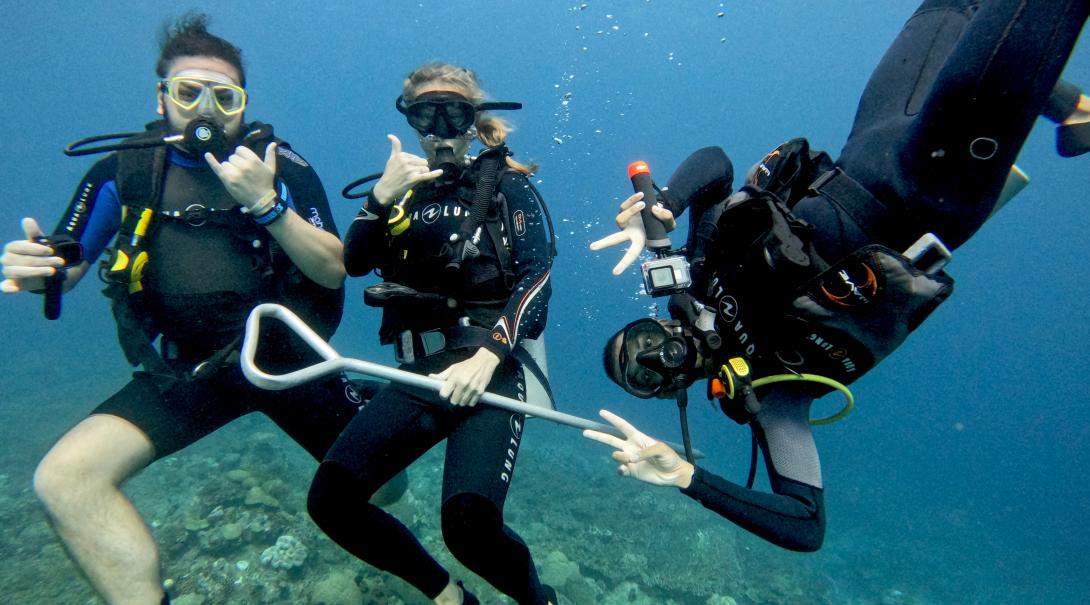 Shark conservation volunteers diving in Fiji 
